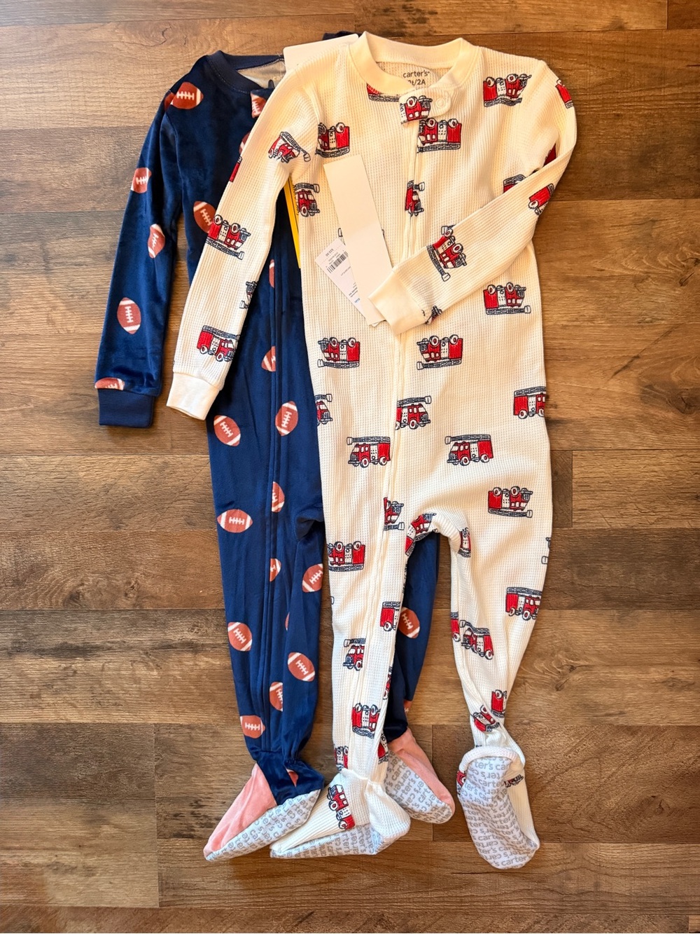Carter's Navy Football & Cream Fire Truck Footed One-Piece Set